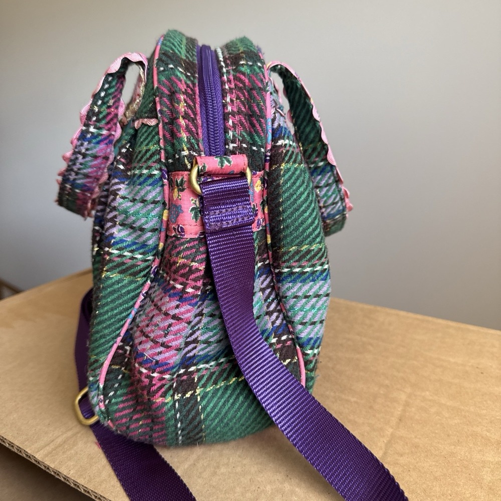 Oilily Pink Green Purple Plaid Floral Embroidered crossbody Satchel Purse - Picture 4 of 16